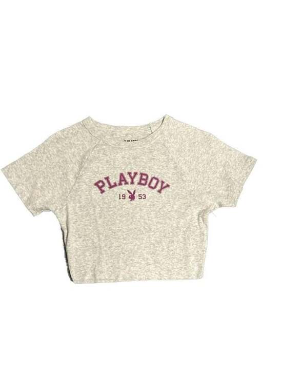 Playboy Tops - Playboy by PacSun Grey Raglan Cropped Graphic Tee